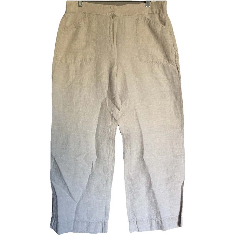 Chico's 100% Linen Wide Leg Pant 2 (L) Zip w/Stretch Waist Pockets Boho Coastal